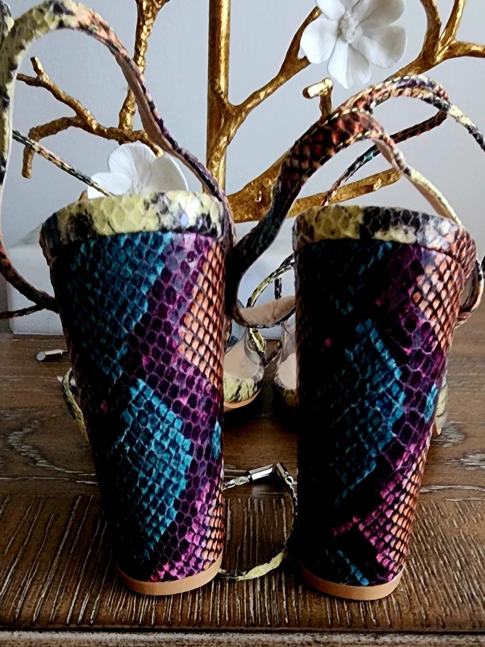 Fashion Nova Multicolor Snake-Print Pointed Lace-Up Heels - Picture 2 of 4